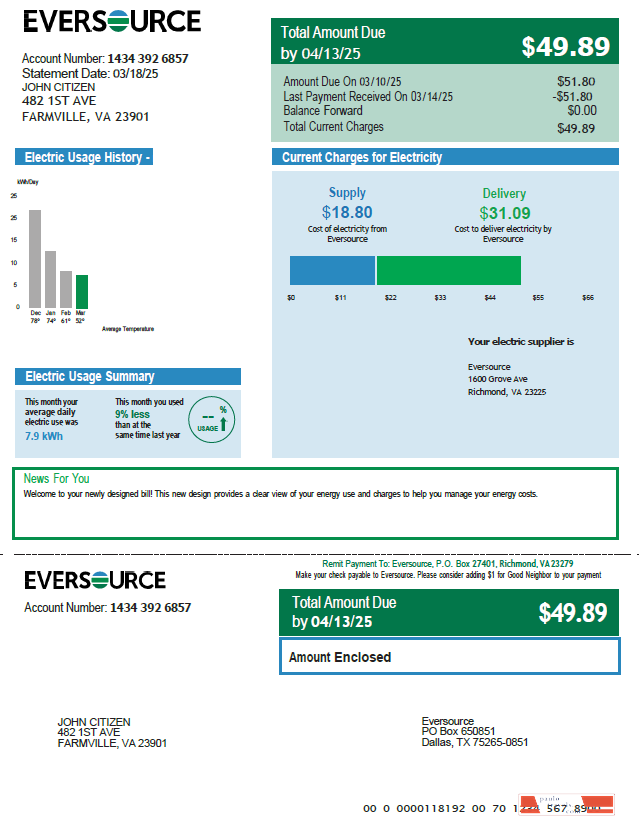 USA Eversource utility bill template in Word and PDF formats, version 2